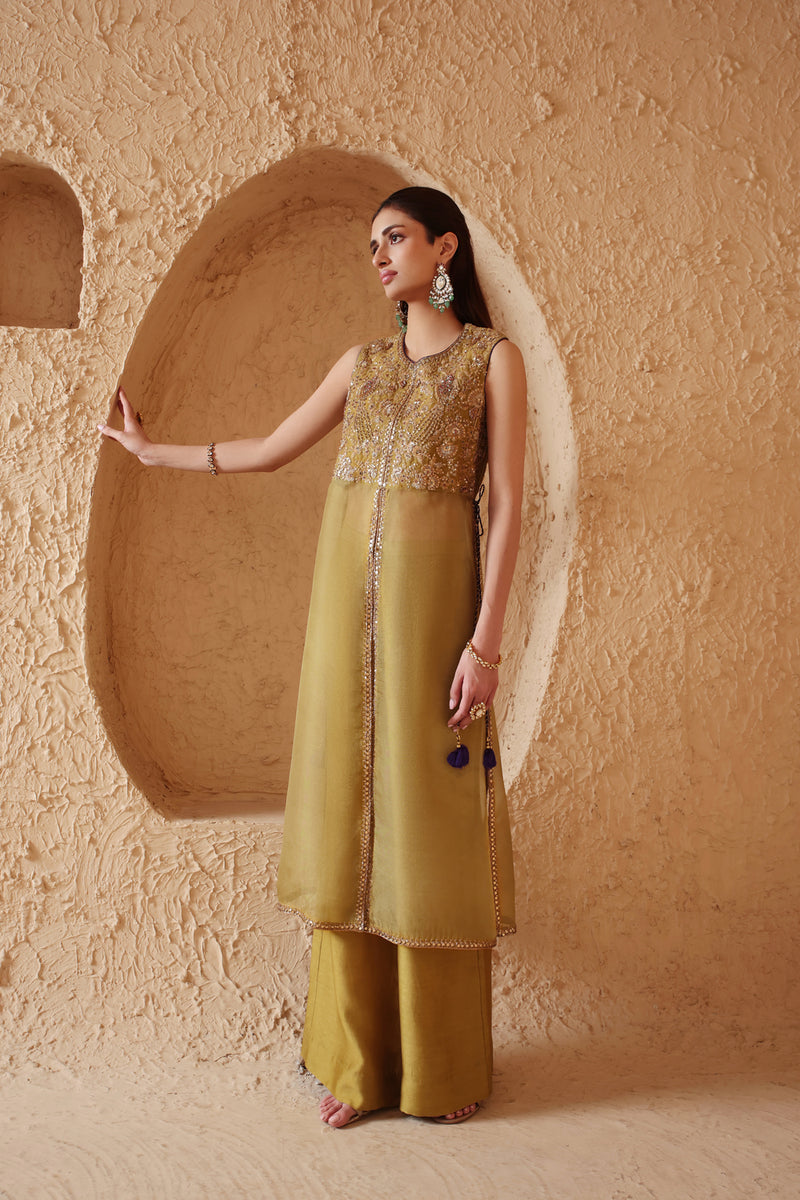 Mehrang Olive Green Tie-up Sleeveless Kurta Set organza , silk tencel kurta/kurta set by Niti Bothra in green for women Worldwide