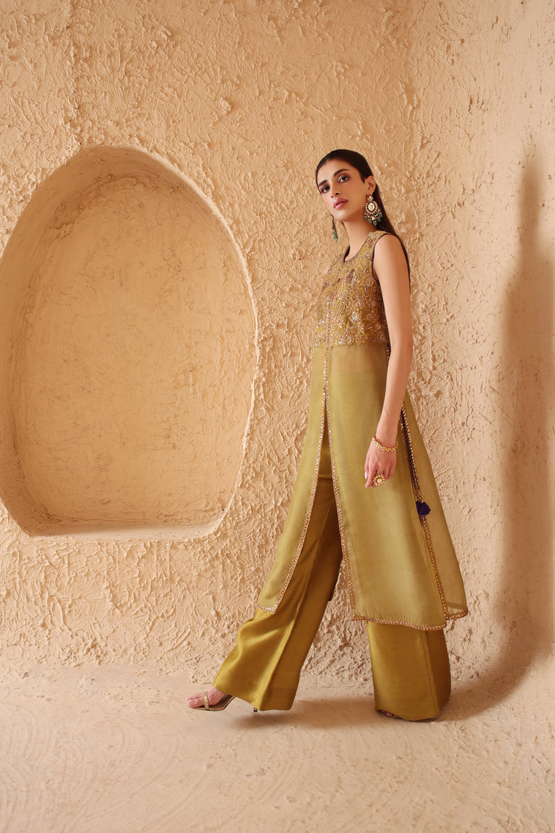 Mehrang Olive Green Tie-up Sleeveless Kurta Set organza , silk tencel kurta/kurta set by Niti Bothra in green for women Worldwide