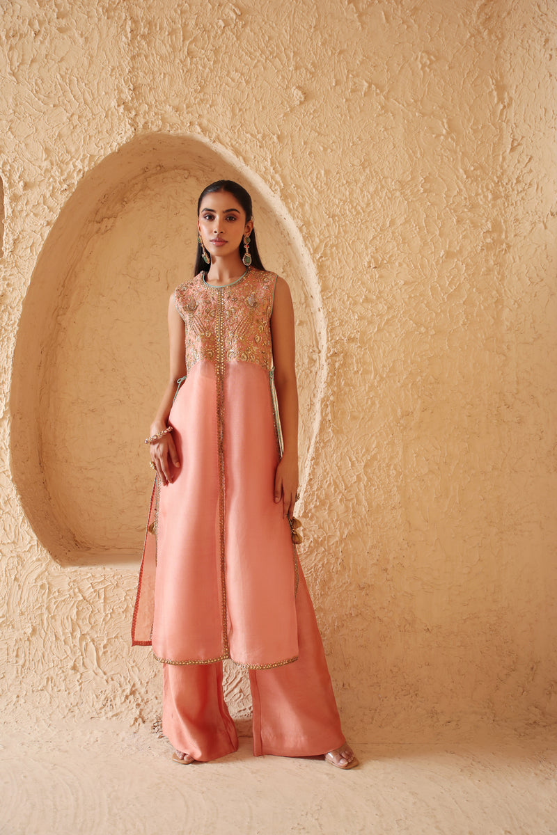 Mehrang Peach Tie-up Sleeveless Kurta Set organza , silk tencel kurta/kurta set by Niti Bothra in peach for women Worldwide