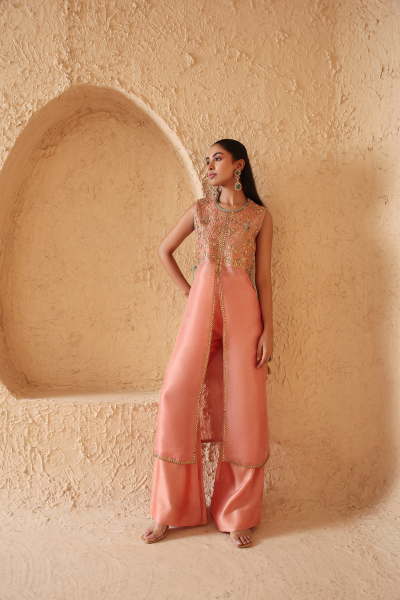 Mehrang Peach Tie-up Sleeveless Kurta Set organza , silk tencel kurta/kurta set by Niti Bothra in peach for women Worldwide