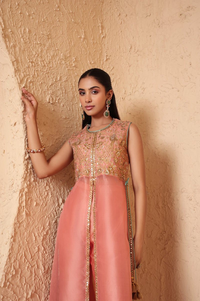Mehrang Peach Tie-up Sleeveless Kurta Set organza , silk tencel kurta/kurta set by Niti Bothra in peach for women Worldwide