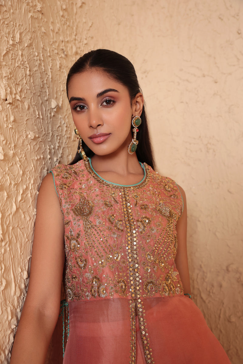 Mehrang Peach Tie-up Sleeveless Kurta Set organza , silk tencel kurta/kurta set by Niti Bothra in peach for women Worldwide