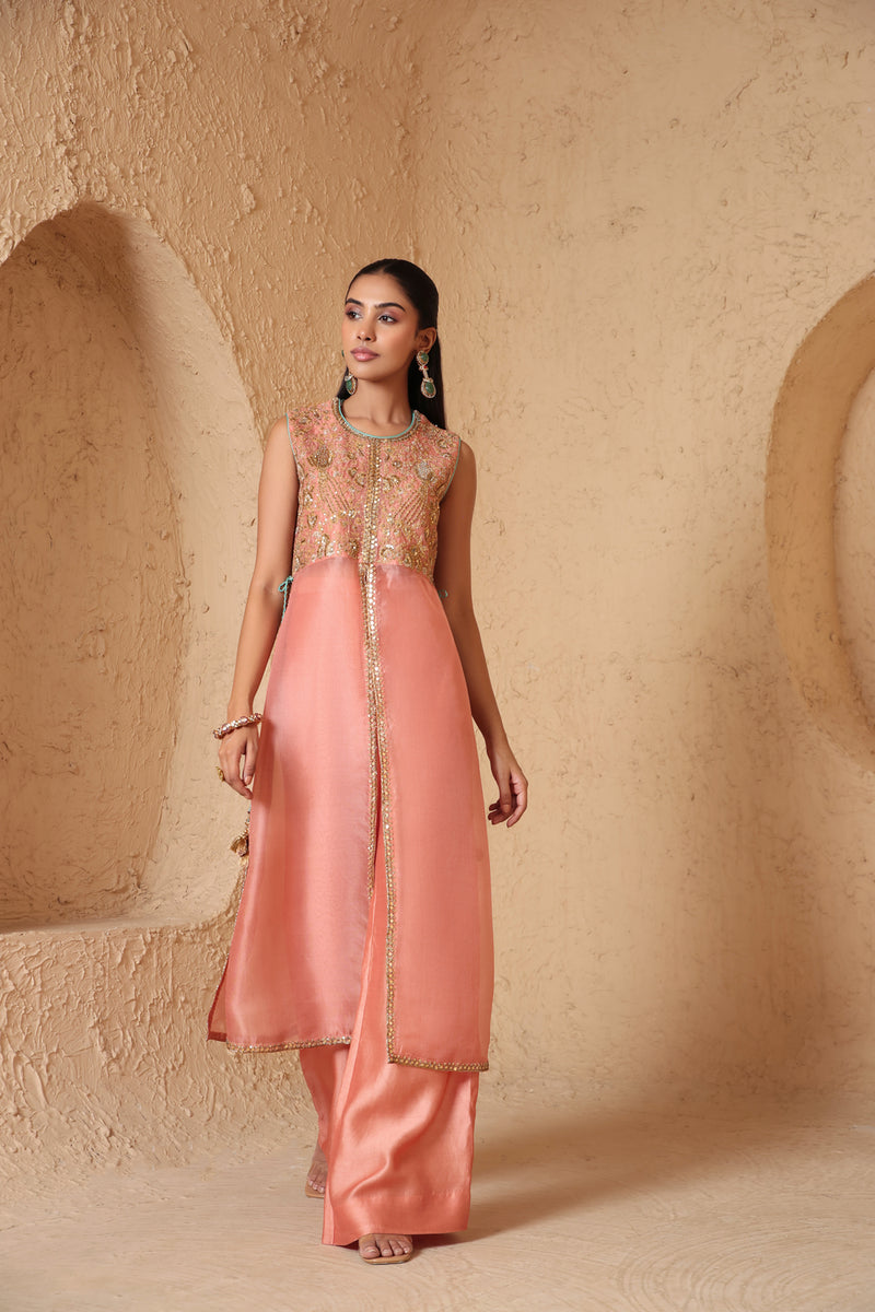 Mehrang Peach Tie-up Sleeveless Kurta Set organza , silk tencel kurta/kurta set by Niti Bothra in peach for women Worldwide