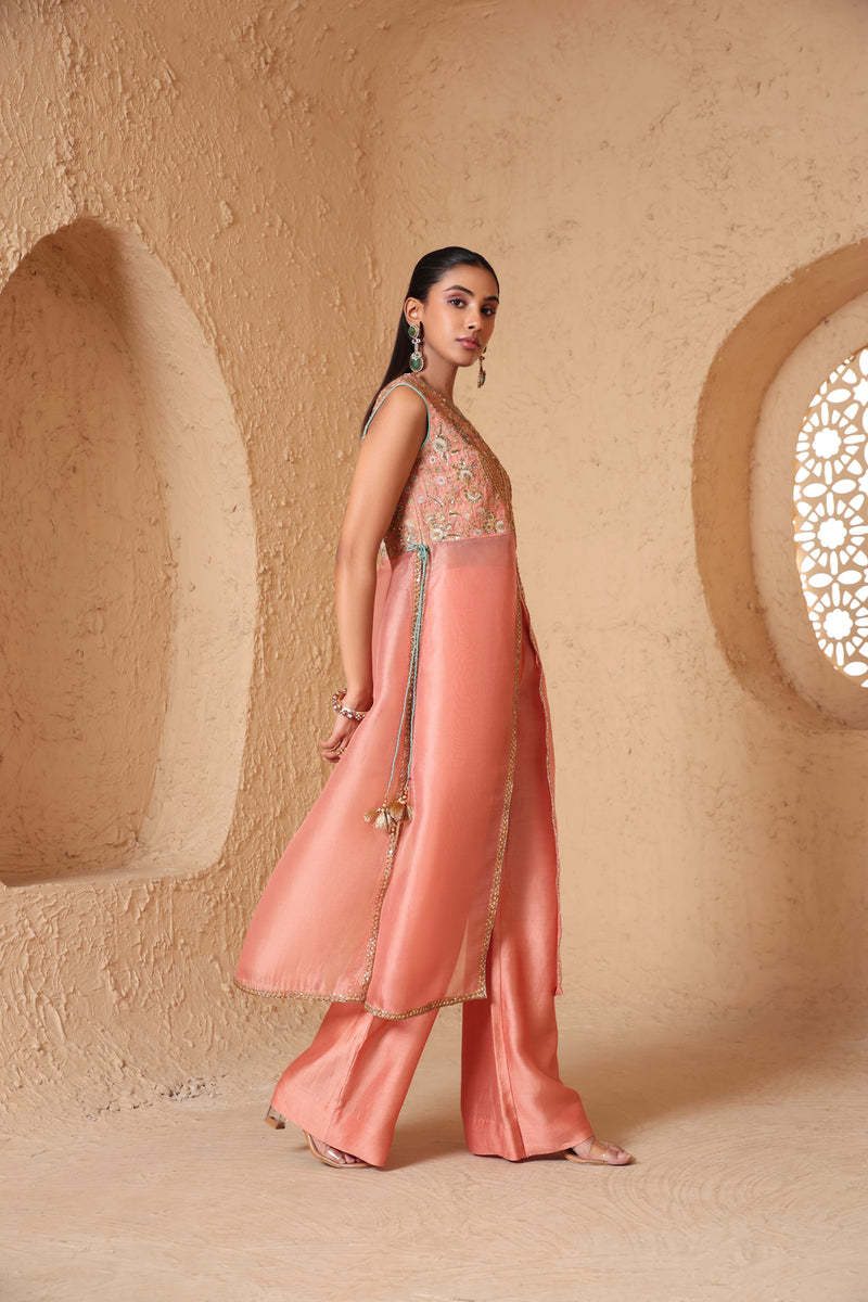 Mehrang Peach Tie-up Sleeveless Kurta Set organza , silk tencel kurta/kurta set by Niti Bothra in peach for women Worldwide