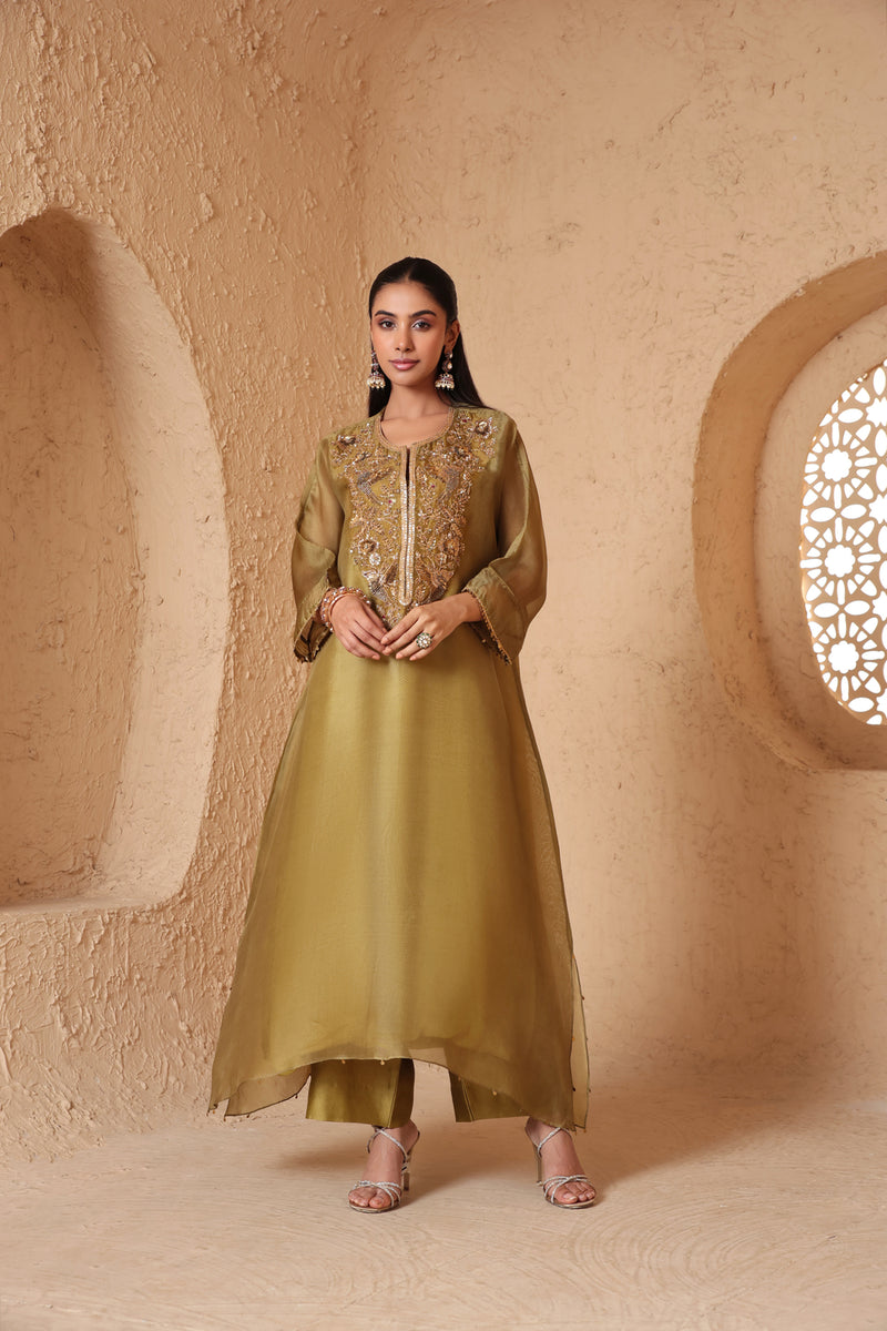 Mehrang Olive Green Kaftan Kurta Set organza , silk tencel kurta/kurta set by Niti Bothra in green for women Worldwide