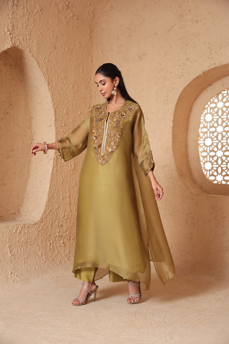 Mehrang Olive Green Kaftan Kurta Set organza , silk tencel kurta/kurta set by Niti Bothra in green for women Worldwide