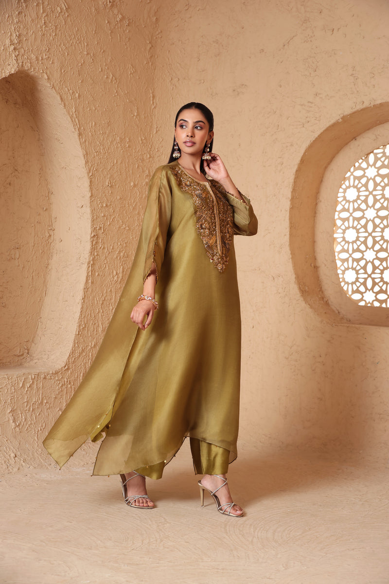 Mehrang Olive Green Kaftan Kurta Set organza , silk tencel kurta/kurta set by Niti Bothra in green for women Worldwide