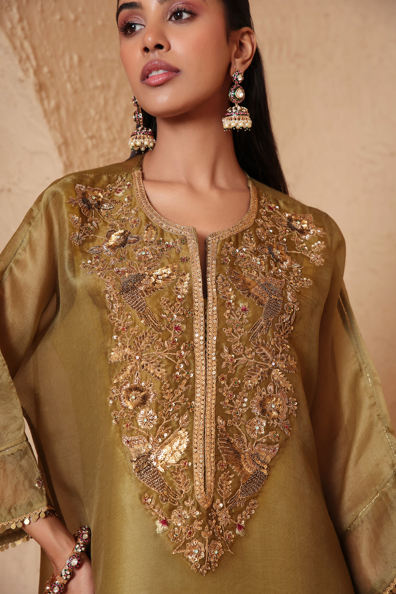 Mehrang Olive Green Kaftan Kurta Set organza , silk tencel kurta/kurta set by Niti Bothra in green for women Worldwide
