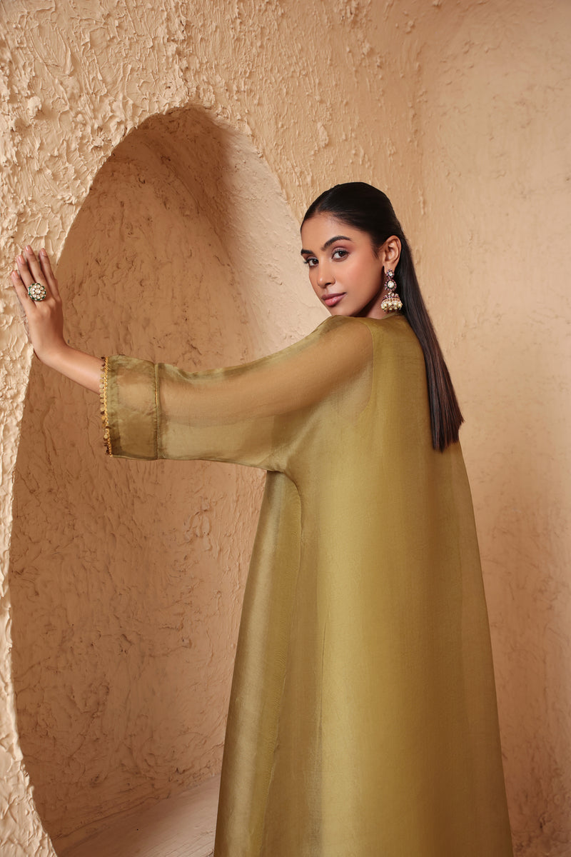 Mehrang Olive Green Kaftan Kurta Set organza , silk tencel kurta/kurta set by Niti Bothra in green for women Worldwide