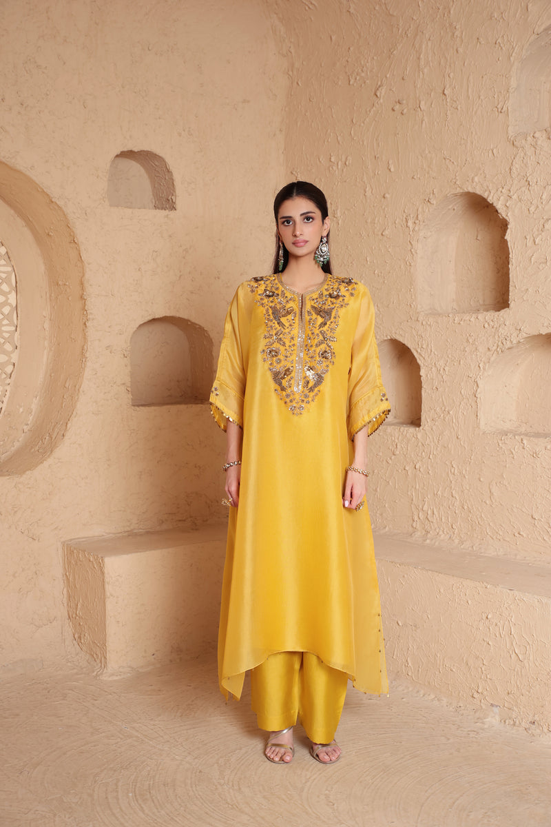 Mehrang Yellow Kaftan Kurta Set organza , silk tencel kurta/kurta set by Niti Bothra in yellow for women Worldwide