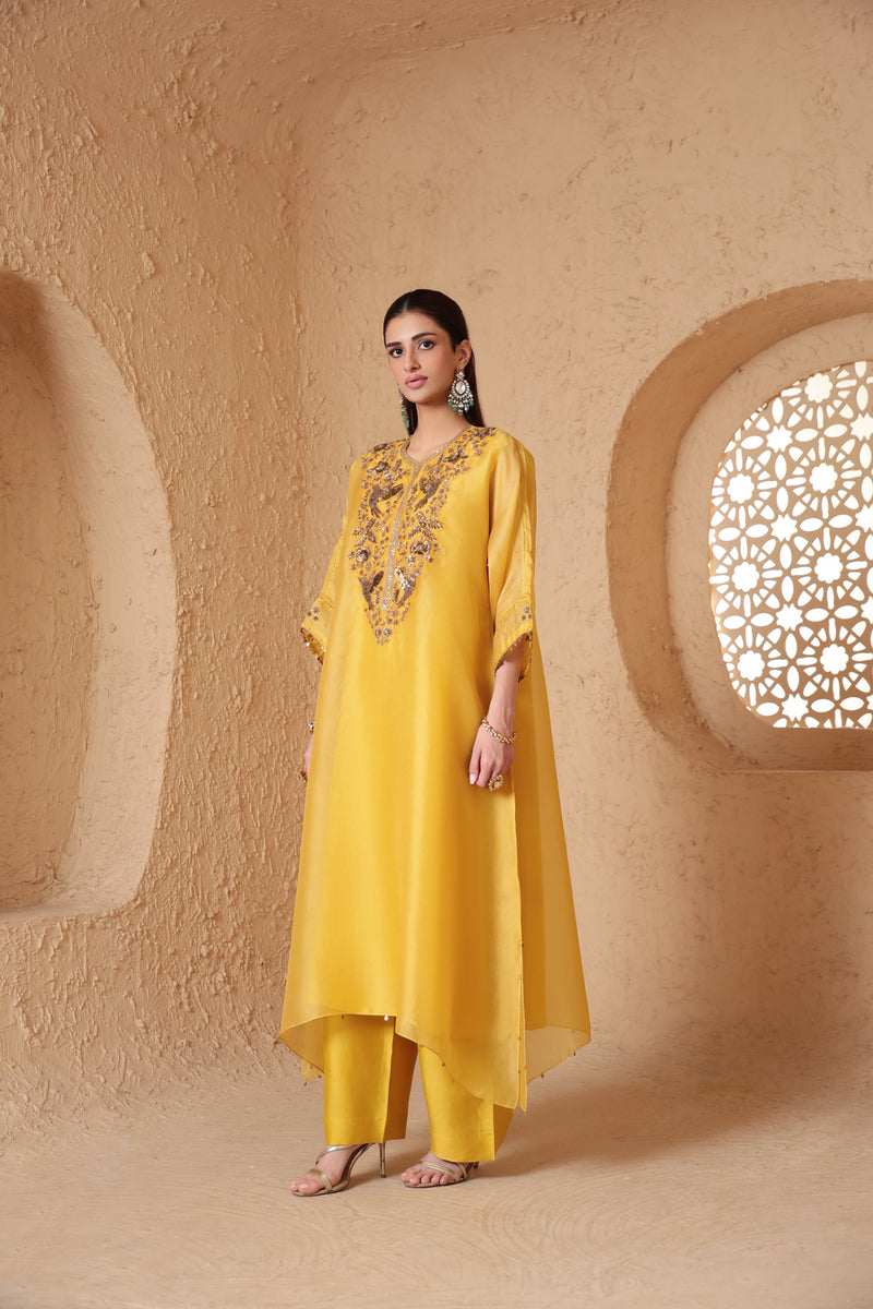 Mehrang Yellow Kaftan Kurta Set organza , silk tencel kurta/kurta set by Niti Bothra in yellow for women Worldwide