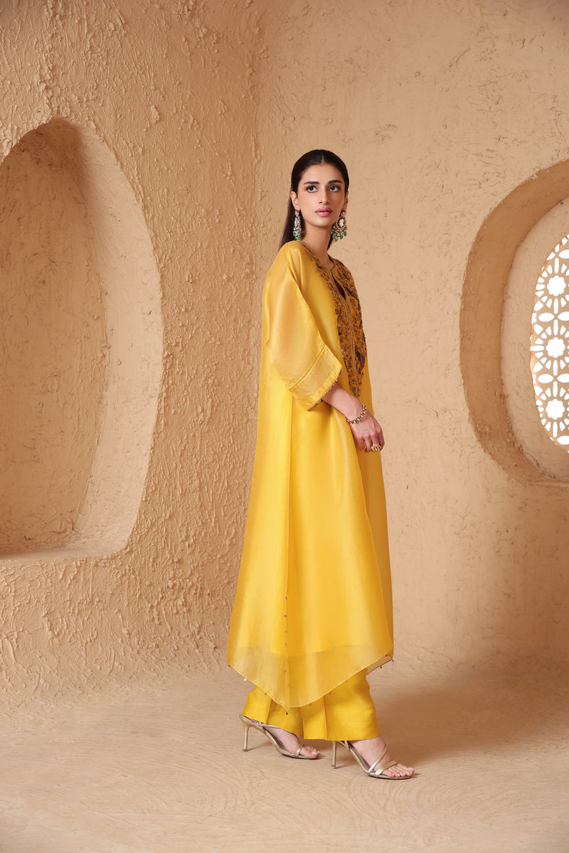 Mehrang Yellow Kaftan Kurta Set organza , silk tencel kurta/kurta set by Niti Bothra in yellow for women Worldwide