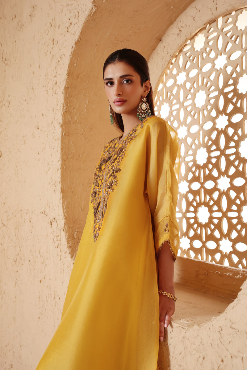Mehrang Yellow Kaftan Kurta Set organza , silk tencel kurta/kurta set by Niti Bothra in yellow for women Worldwide