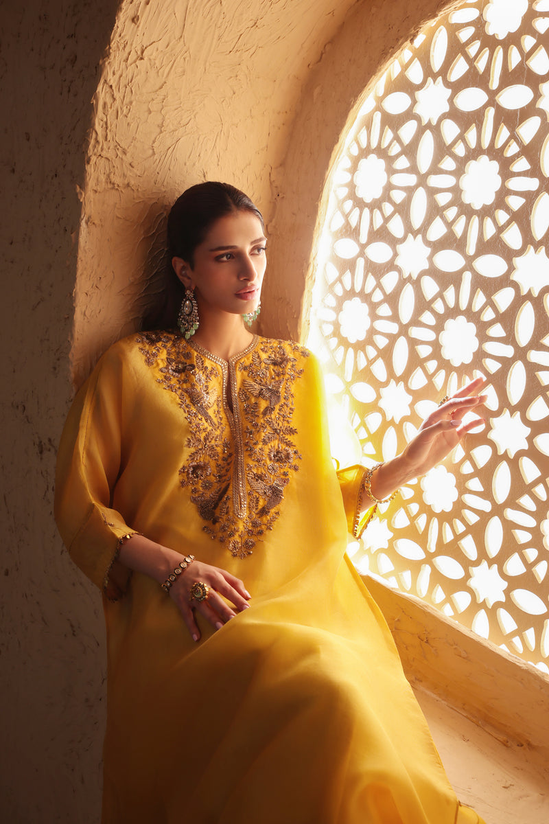 Mehrang Yellow Kaftan Kurta Set organza , silk tencel kurta/kurta set by Niti Bothra in yellow for women Worldwide
