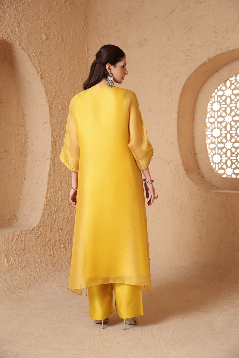 Mehrang Yellow Kaftan Kurta Set organza , silk tencel kurta/kurta set by Niti Bothra in yellow for women Worldwide