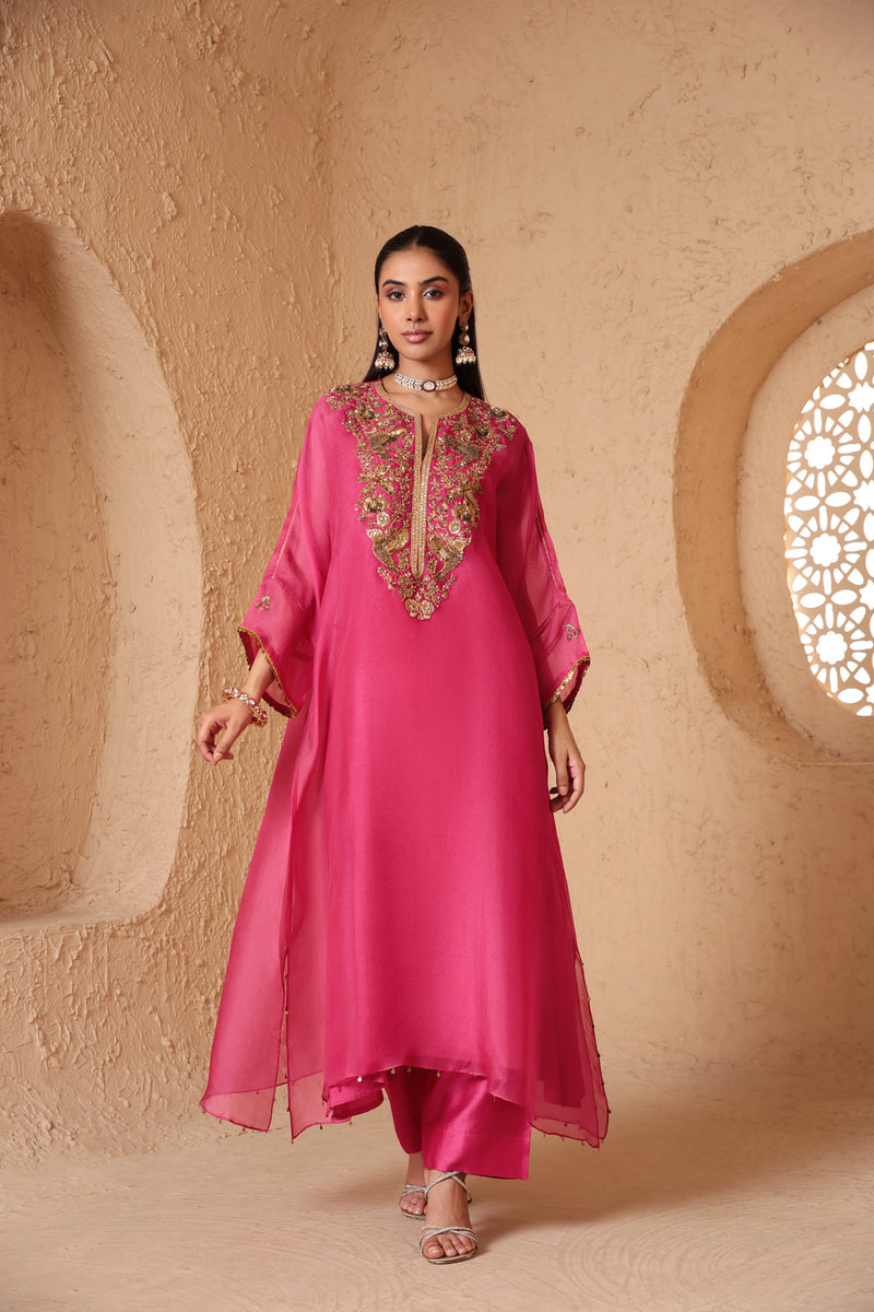 Mehrang Pink Kaftan Kurta Set organza , silk tencel kurta/kurta set by Niti Bothra in pink for women Worldwide