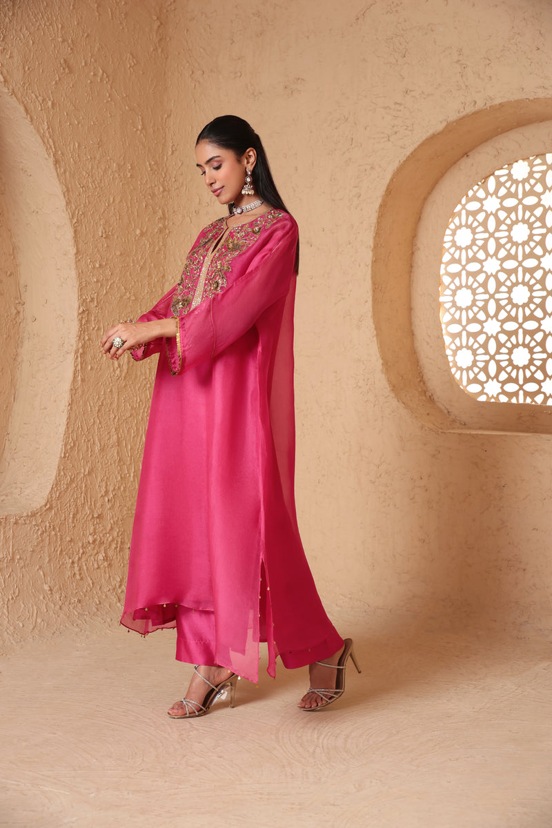 Mehrang Pink Kaftan Kurta Set organza , silk tencel kurta/kurta set by Niti Bothra in pink for women Worldwide