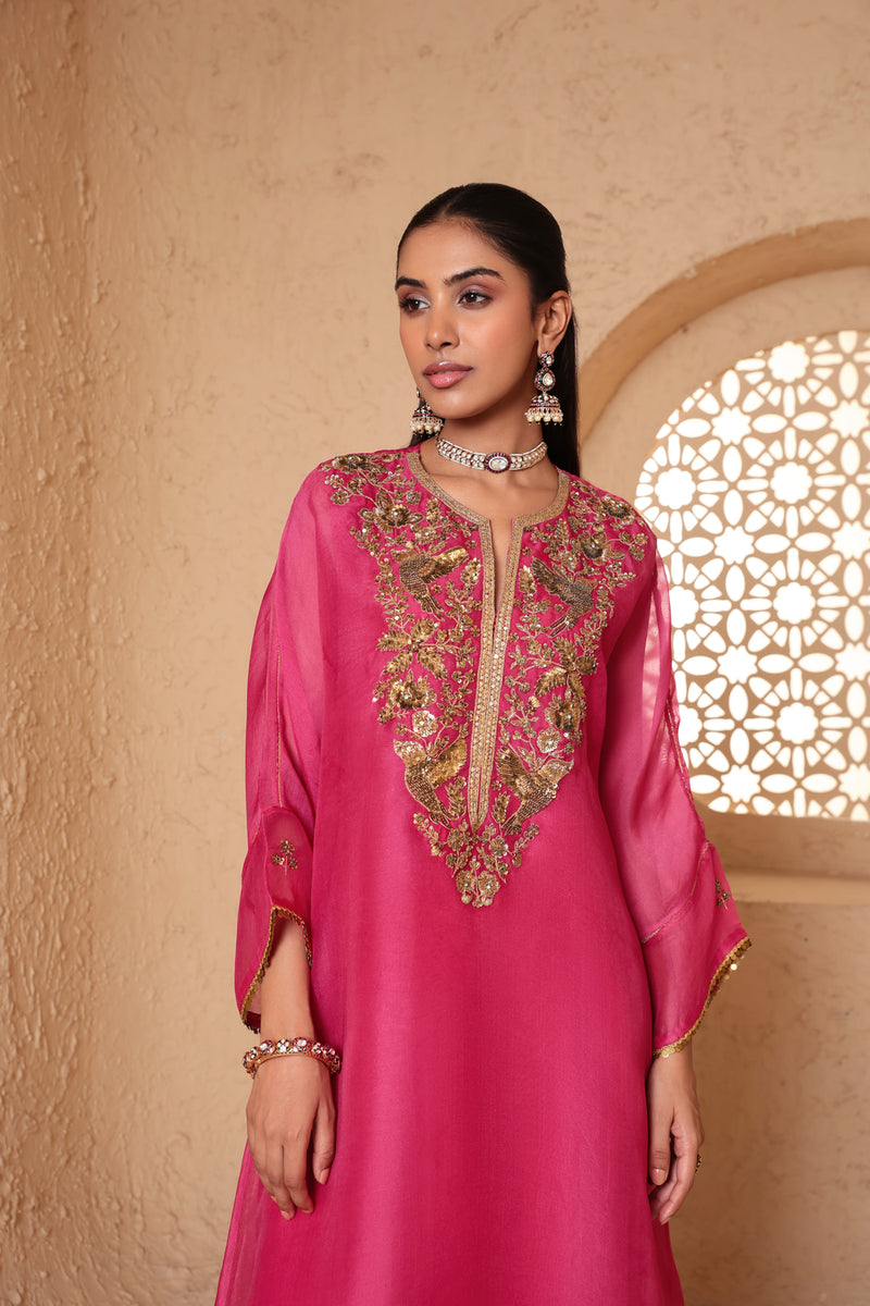 Mehrang Pink Kaftan Kurta Set organza , silk tencel kurta/kurta set by Niti Bothra in pink for women Worldwide