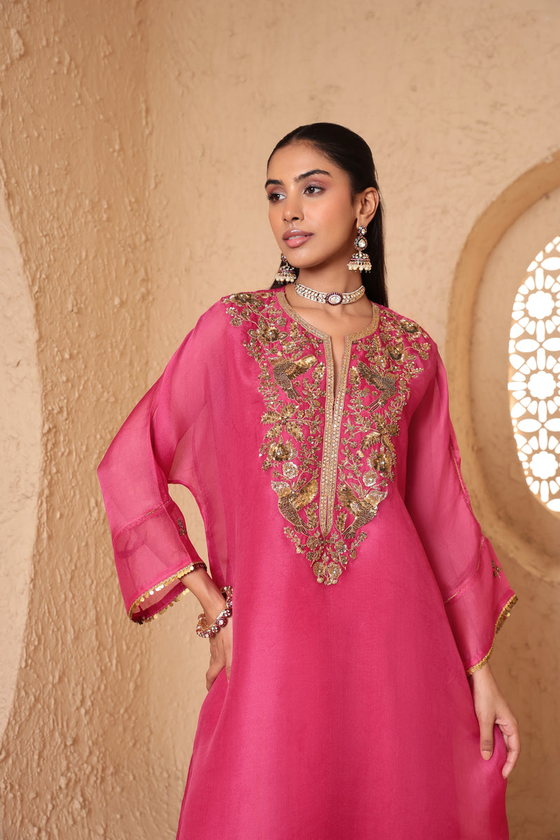 Mehrang Pink Kaftan Kurta Set organza , silk tencel kurta/kurta set by Niti Bothra in pink for women Worldwide