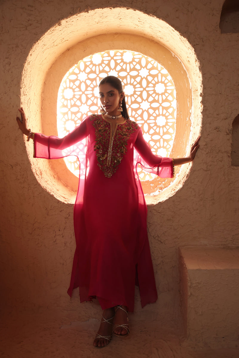 Mehrang Pink Kaftan Kurta Set organza , silk tencel kurta/kurta set by Niti Bothra in pink for women Worldwide