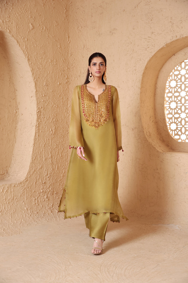 Mehrang Olive Green Heavy Neck Kurta Set organza , silk tencel kurta/kurta set by Niti Bothra in green for women Worldwide