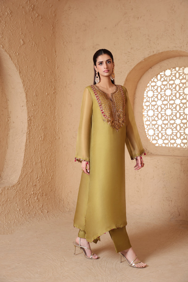 Mehrang Olive Green Heavy Neck Kurta Set organza , silk tencel kurta/kurta set by Niti Bothra in green for women Worldwide