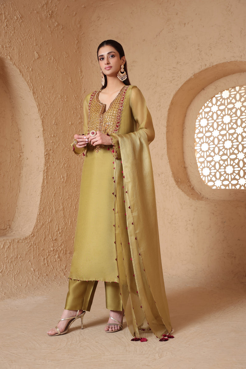 Mehrang Olive Green Heavy Neck Kurta Set organza , silk tencel kurta/kurta set by Niti Bothra in green for women Worldwide
