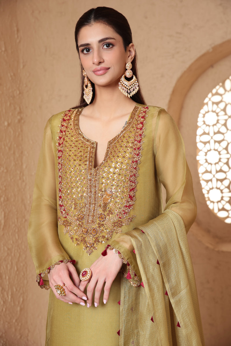 Mehrang Olive Green Heavy Neck Kurta Set organza , silk tencel kurta/kurta set by Niti Bothra in green for women Worldwide