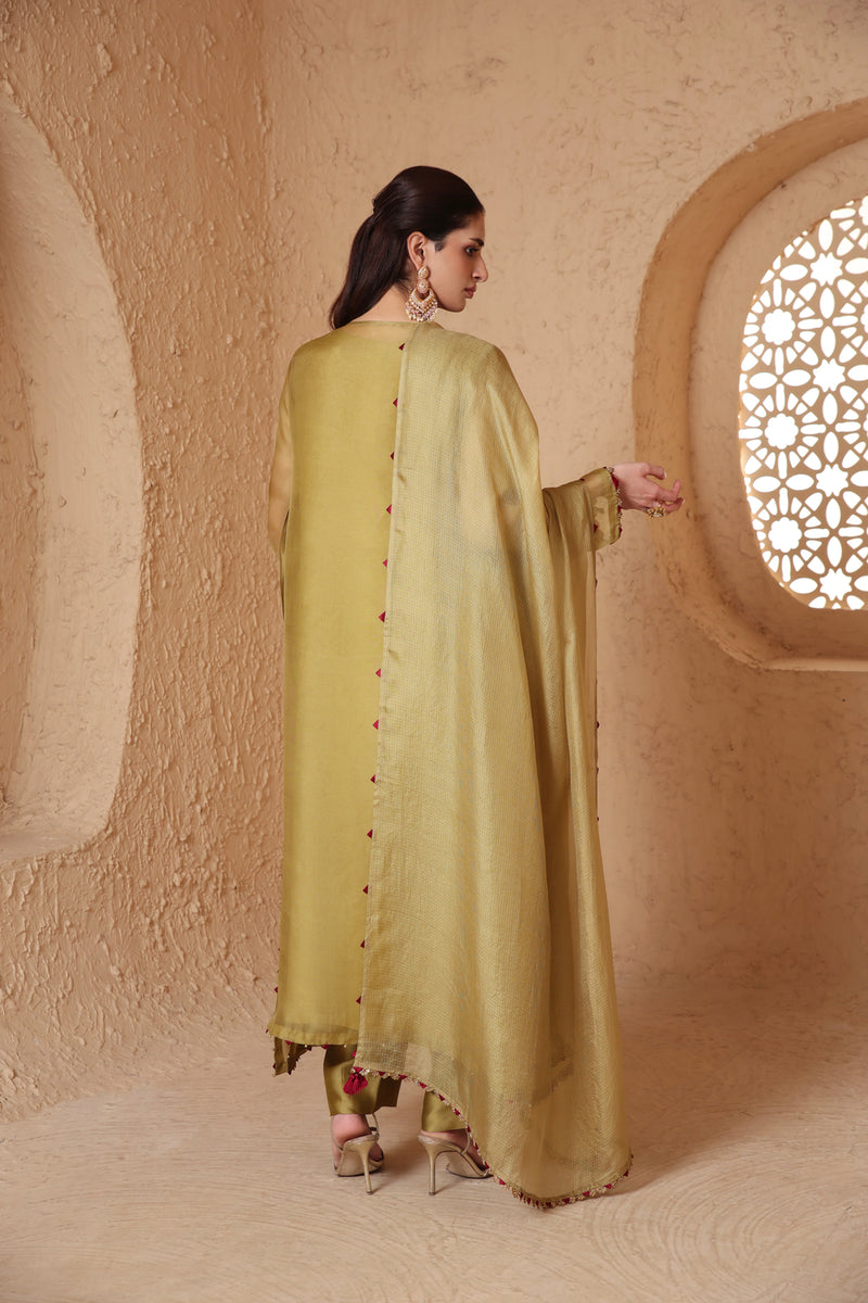 Mehrang Olive Green Heavy Neck Kurta Set organza , silk tencel kurta/kurta set by Niti Bothra in green for women Worldwide