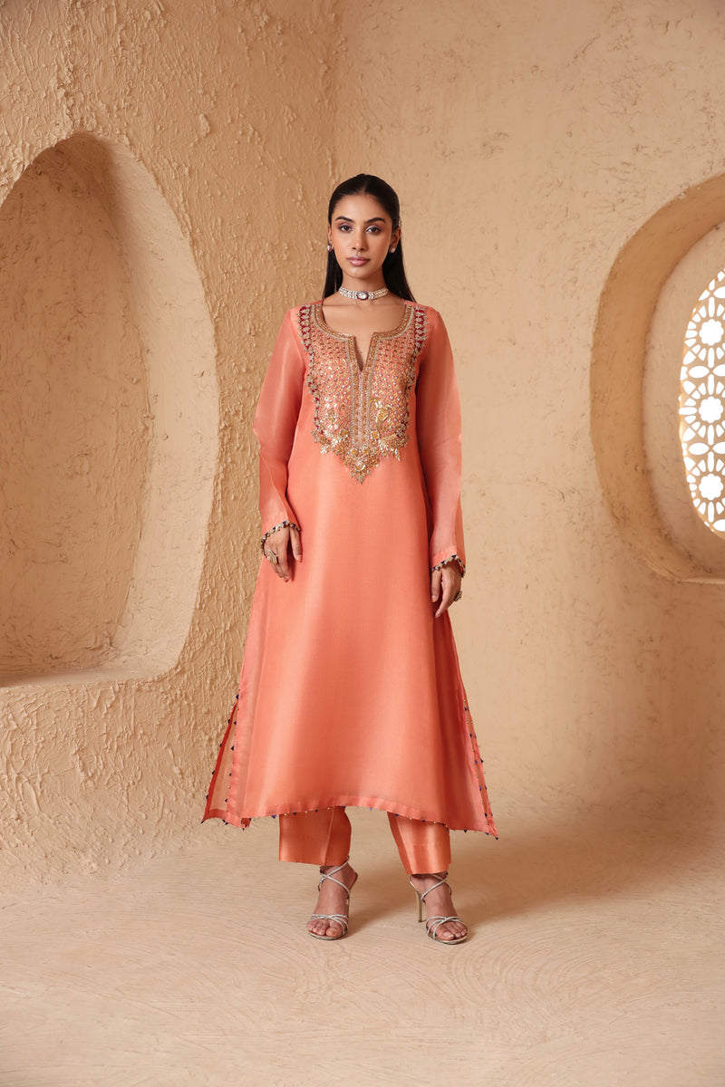 Mehrang Peach Heavy Neck Kurta Set organza , silk tencel kurta/kurta set by Niti Bothra in peach for women Worldwide