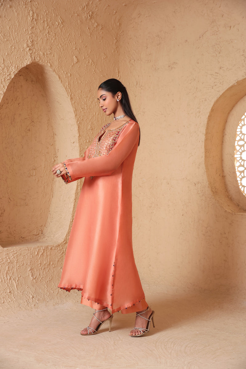 Mehrang Peach Heavy Neck Kurta Set organza , silk tencel kurta/kurta set by Niti Bothra in peach for women Worldwide