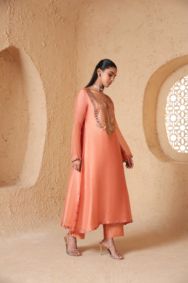 Mehrang Peach Heavy Neck Kurta Set organza , silk tencel kurta/kurta set by Niti Bothra in peach for women Worldwide