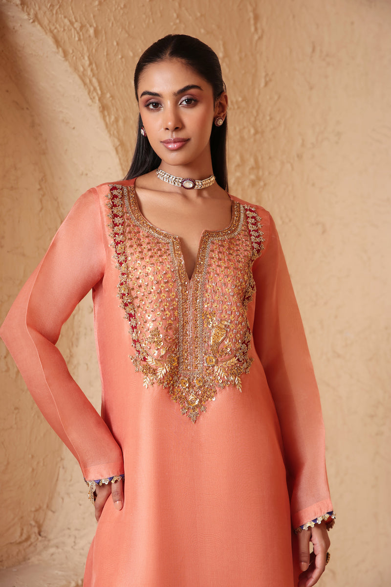 Mehrang Peach Heavy Neck Kurta Set organza , silk tencel kurta/kurta set by Niti Bothra in peach for women Worldwide