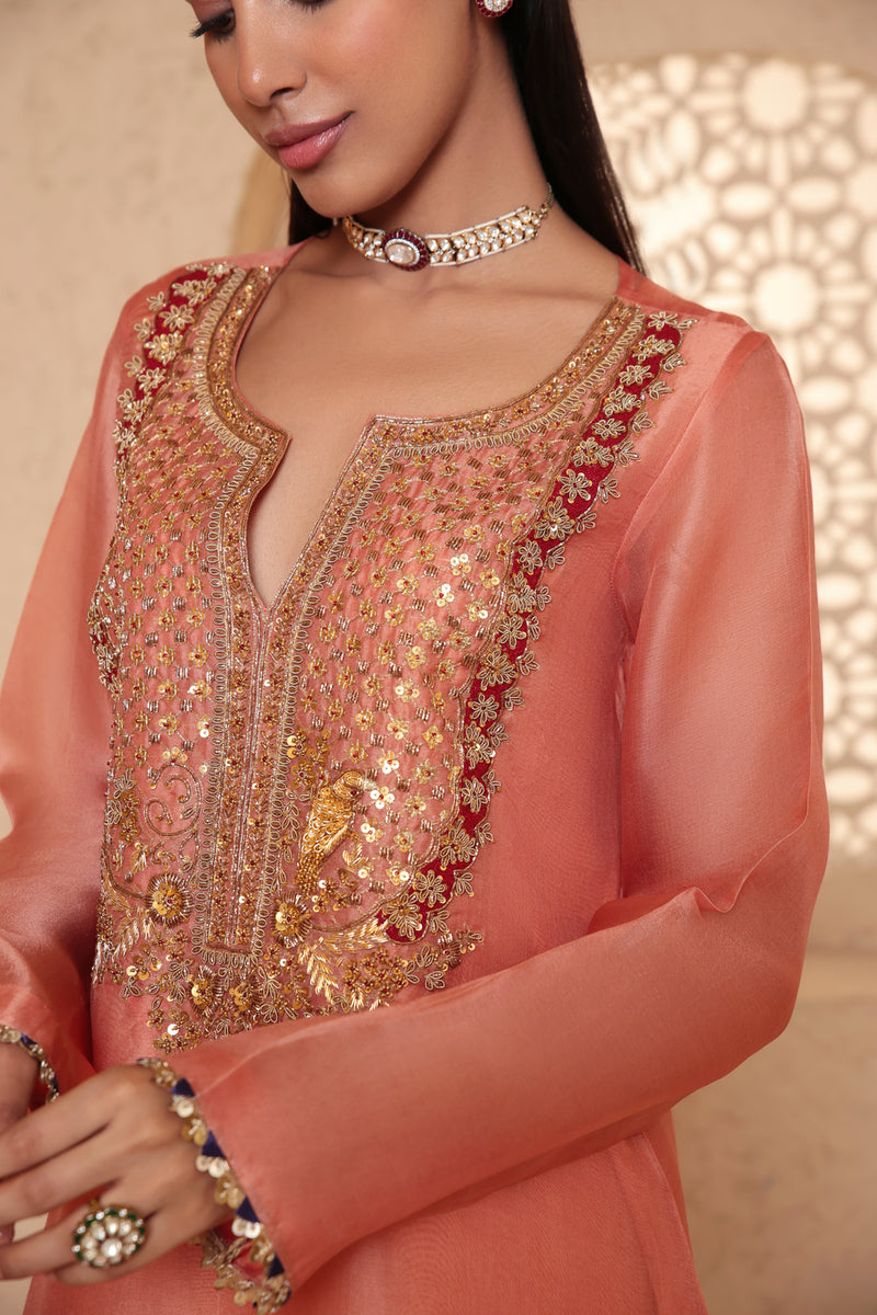 Mehrang Peach Heavy Neck Kurta Set organza , silk tencel kurta/kurta set by Niti Bothra in peach for women Worldwide