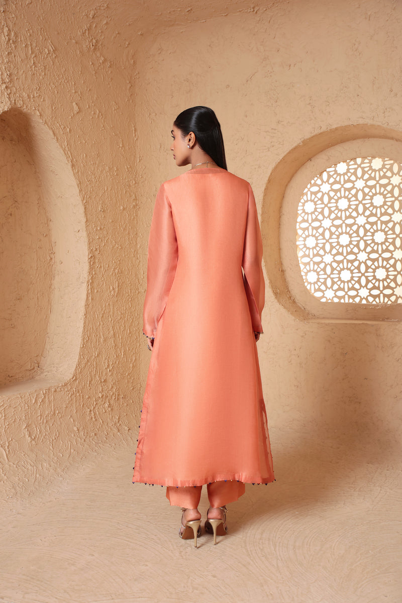 Mehrang Peach Heavy Neck Kurta Set organza , silk tencel kurta/kurta set by Niti Bothra in peach for women Worldwide