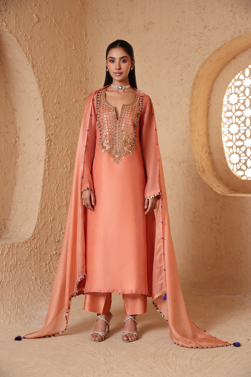 Mehrang Peach Heavy Neck Kurta Set organza , silk tencel kurta/kurta set by Niti Bothra in peach for women Worldwide