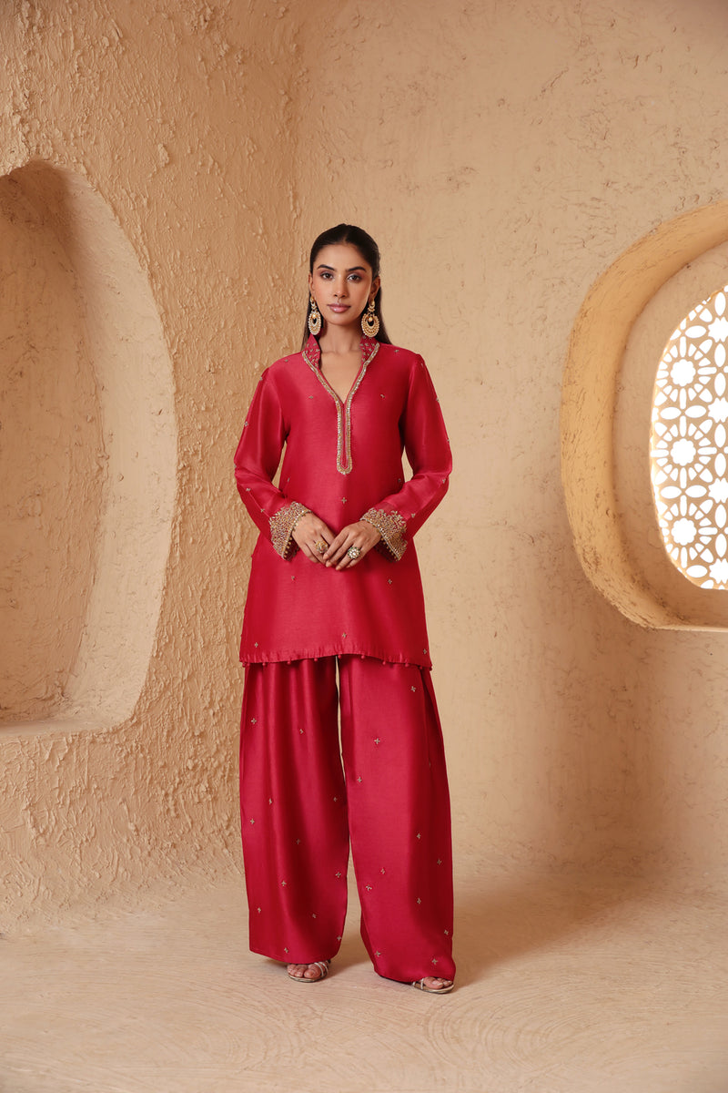 Mehrang Red Short Buti Kurta Set silk chanderi , silk tencel kurta/kurta set by Niti Bothra in red for women Worldwide
