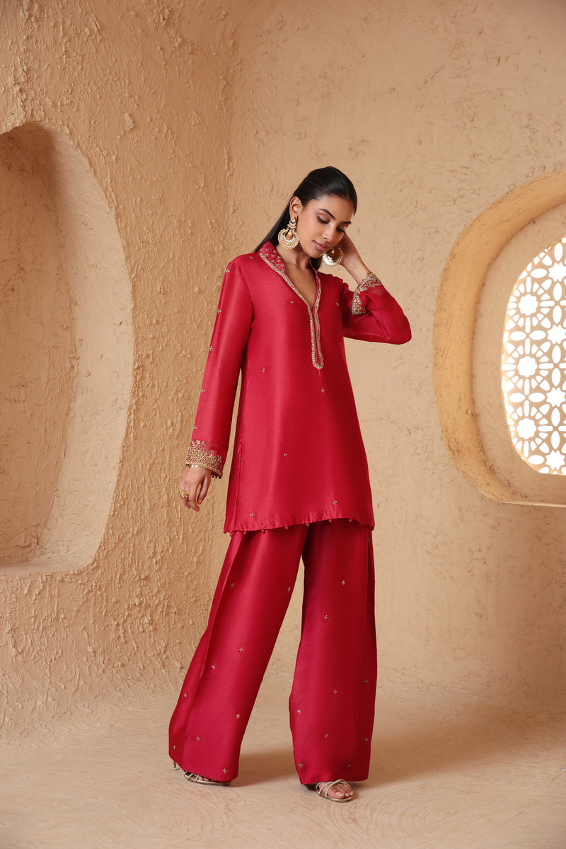 Mehrang Red Short Buti Kurta Set silk chanderi , silk tencel kurta/kurta set by Niti Bothra in red for women Worldwide