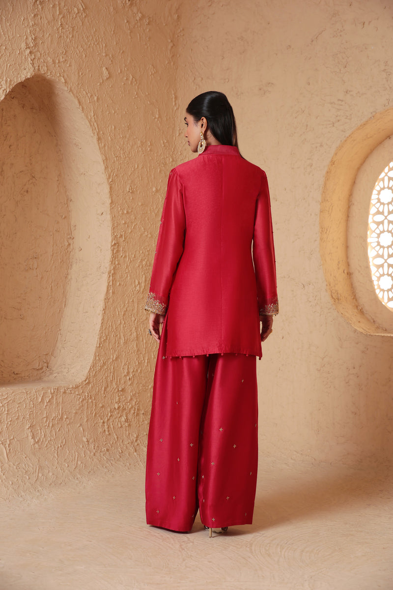 Mehrang Red Short Buti Kurta Set silk chanderi , silk tencel kurta/kurta set by Niti Bothra in red for women Worldwide