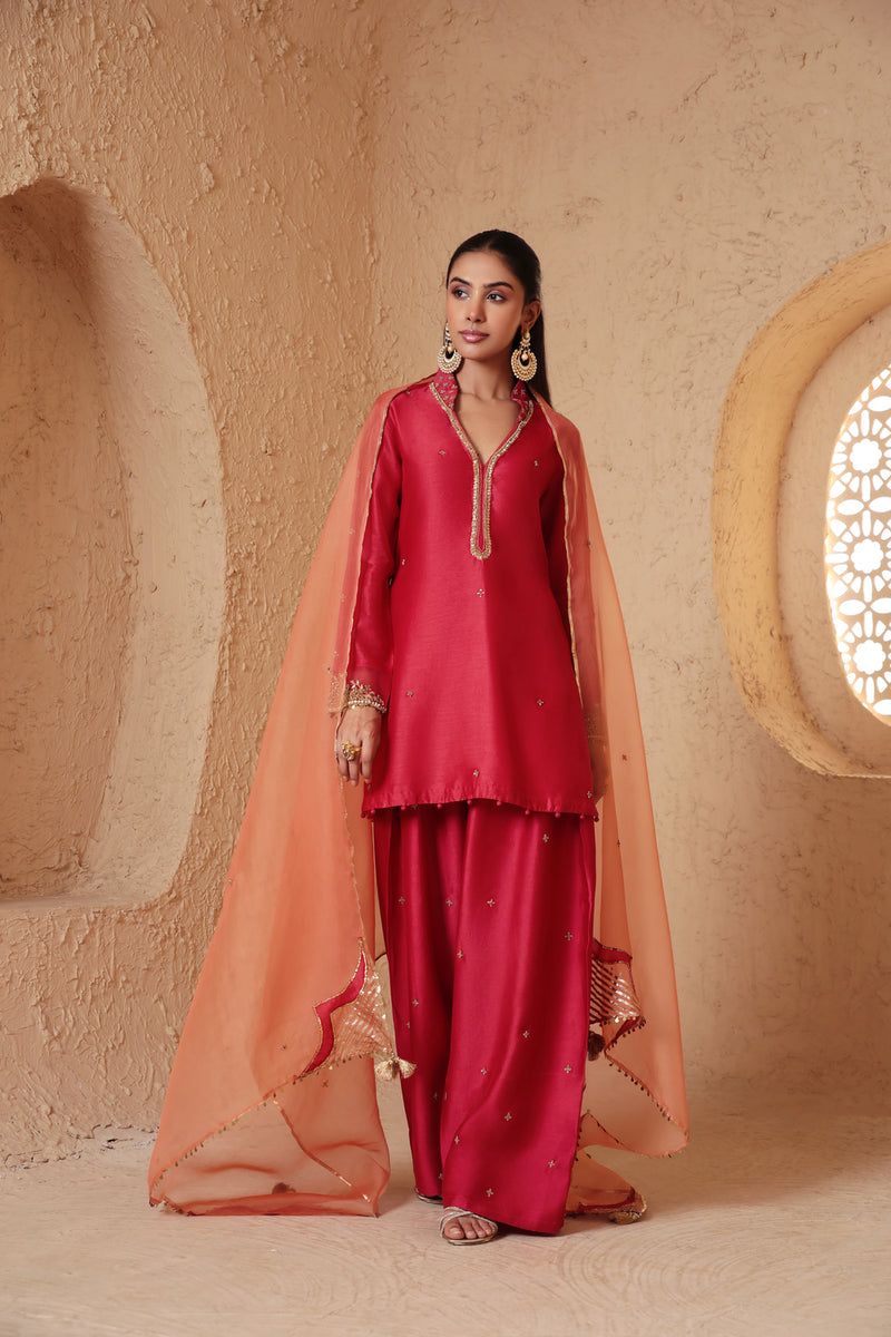 Mehrang Red Short Buti Kurta Set silk chanderi , silk tencel kurta/kurta set by Niti Bothra in red for women Worldwide