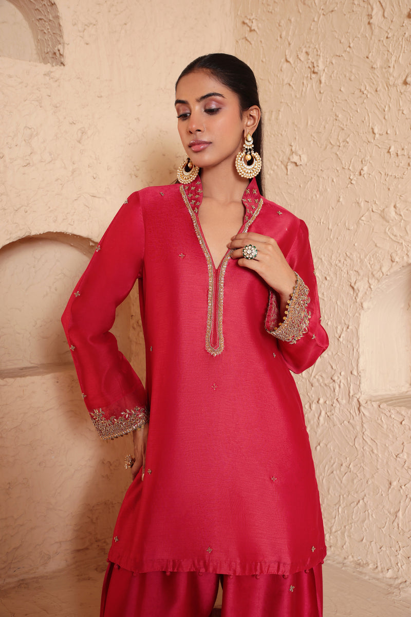 Mehrang Red Short Buti Kurta Set silk chanderi , silk tencel kurta/kurta set by Niti Bothra in red for women Worldwide