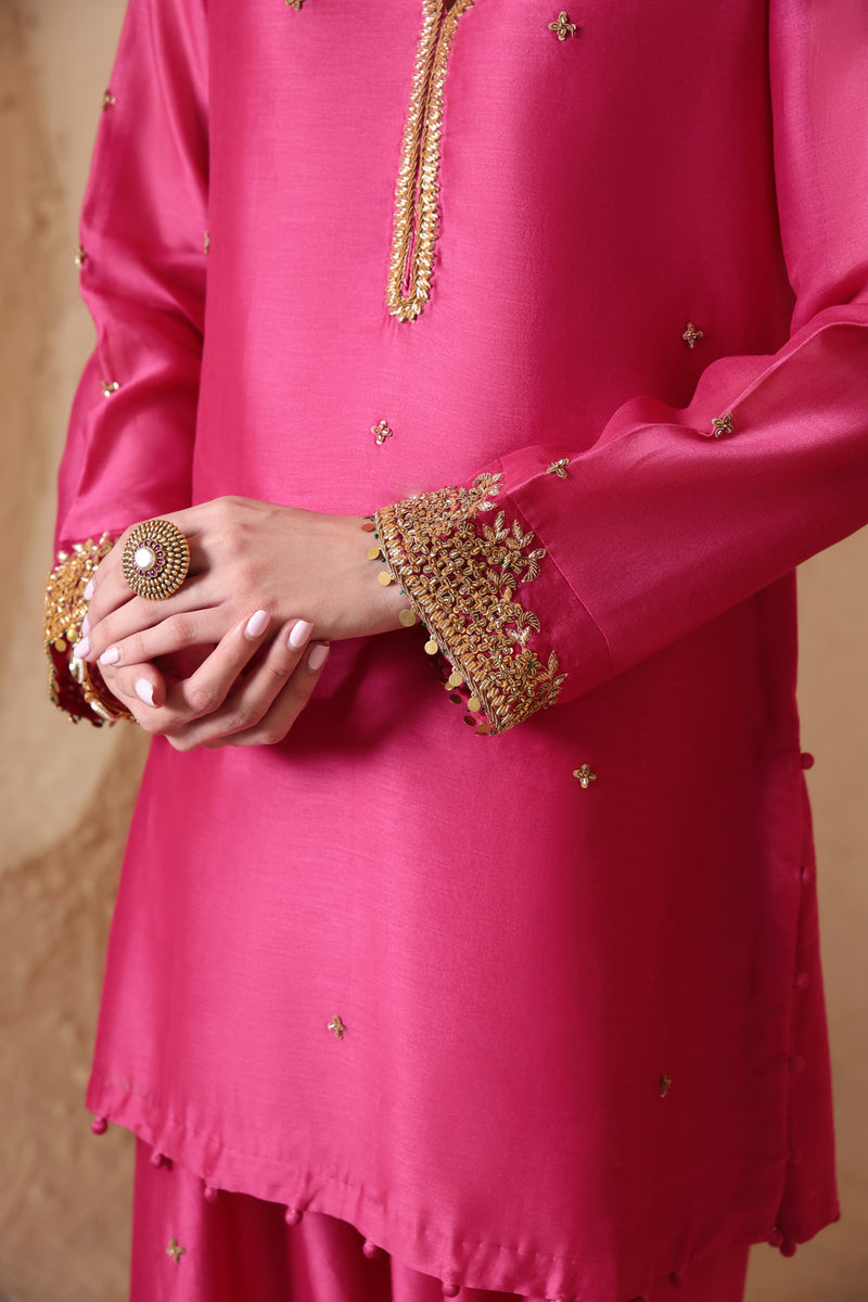 Mehrang Pink Short Buti Kurta Set silk chanderi , silk tencel kurta/kurta set by Niti Bothra in pink for women Worldwide