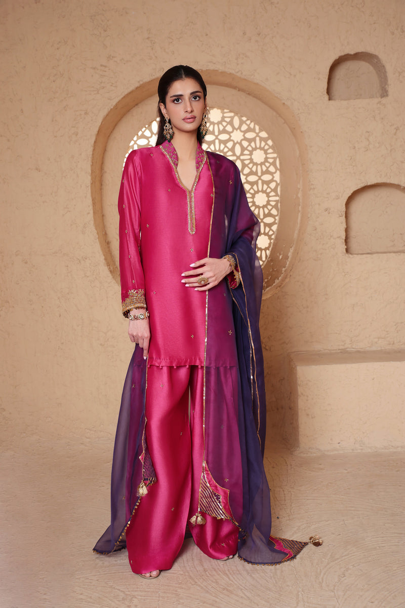 Mehrang Pink Short Buti Kurta Set silk chanderi , silk tencel kurta/kurta set by Niti Bothra in pink for women Worldwide