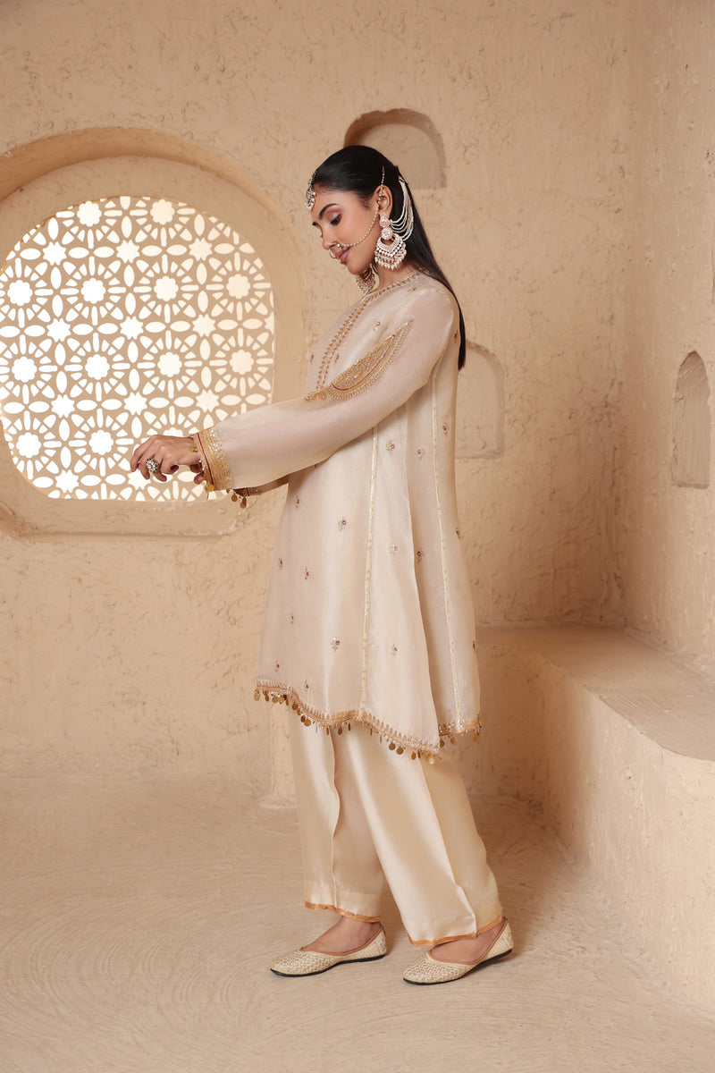 Mehrang Ivory Short Pheran Kurta Set organza , silk tencel kurta/kurta set by Niti Bothra in ivory for women Worldwide