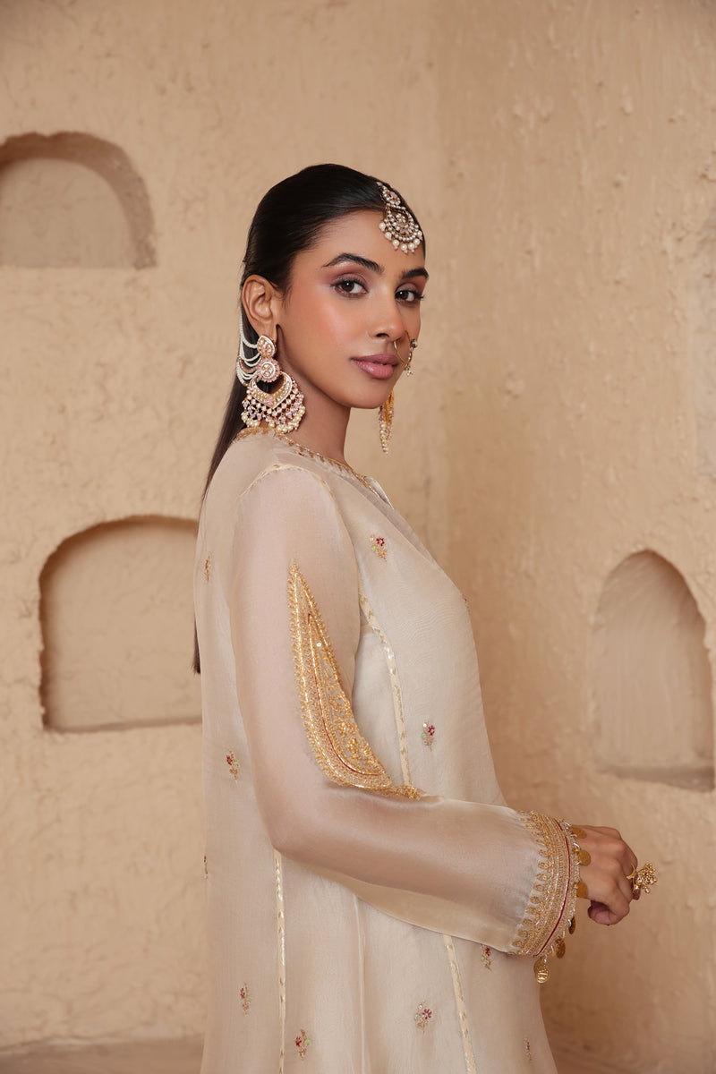 Mehrang Ivory Short Pheran Kurta Set organza , silk tencel kurta/kurta set by Niti Bothra in ivory for women Worldwide