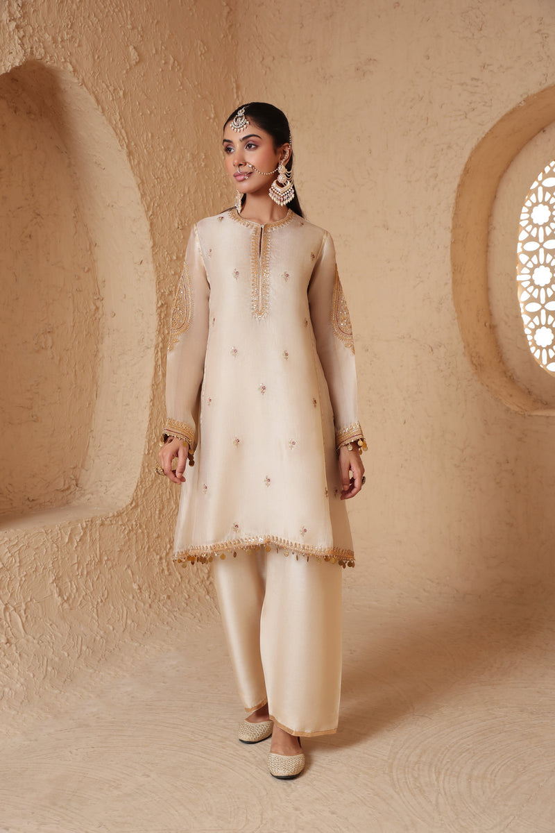 Mehrang Ivory Short Pheran Kurta Set organza , silk tencel kurta/kurta set by Niti Bothra in ivory for women Worldwide