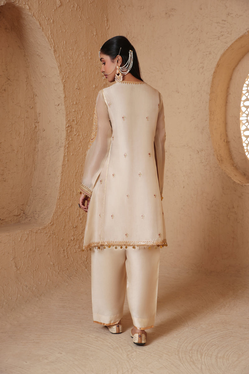Mehrang Ivory Short Pheran Kurta Set organza , silk tencel kurta/kurta set by Niti Bothra in ivory for women Worldwide