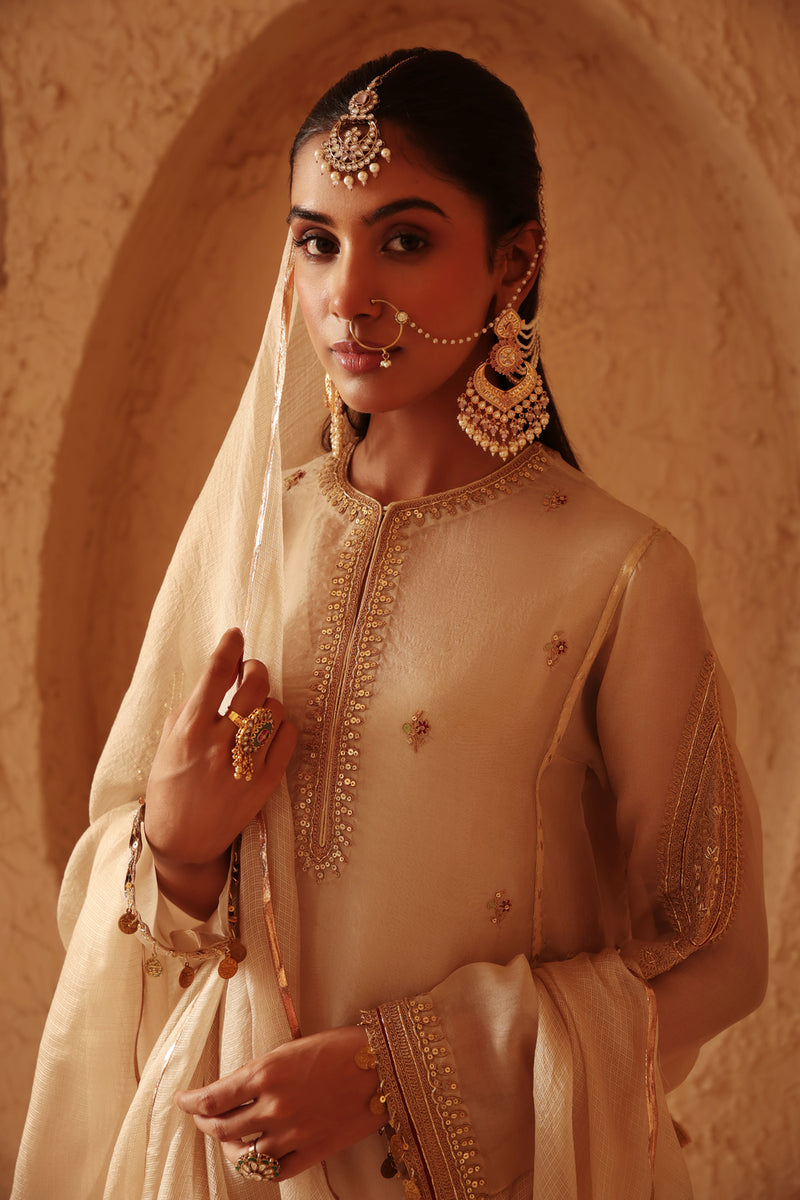 Mehrang Ivory Short Pheran Kurta Set organza , silk tencel kurta/kurta set by Niti Bothra in ivory for women Worldwide