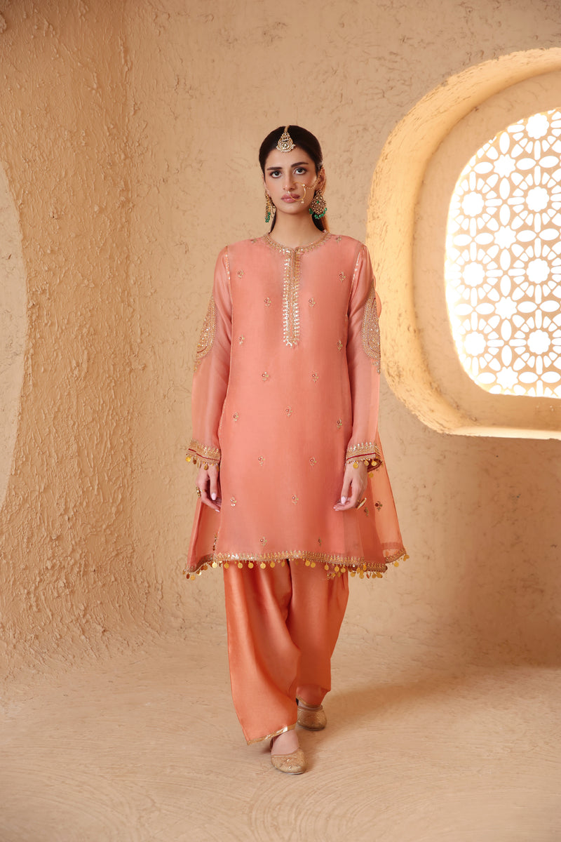 Mehrang Peach Short Pheran Kurta Set organza , silk tencel kurta/kurta set by Niti Bothra in peach for women Worldwide