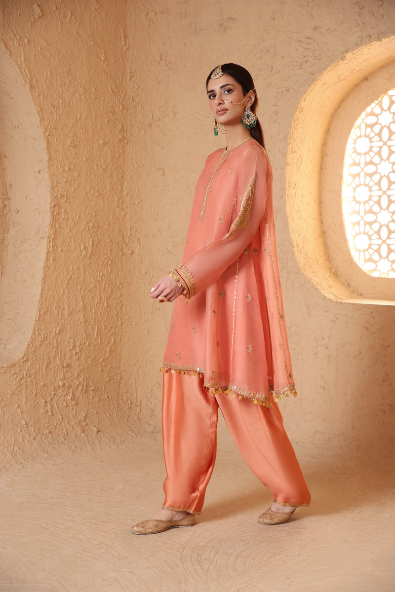 Mehrang Peach Short Pheran Kurta Set organza , silk tencel kurta/kurta set by Niti Bothra in peach for women Worldwide